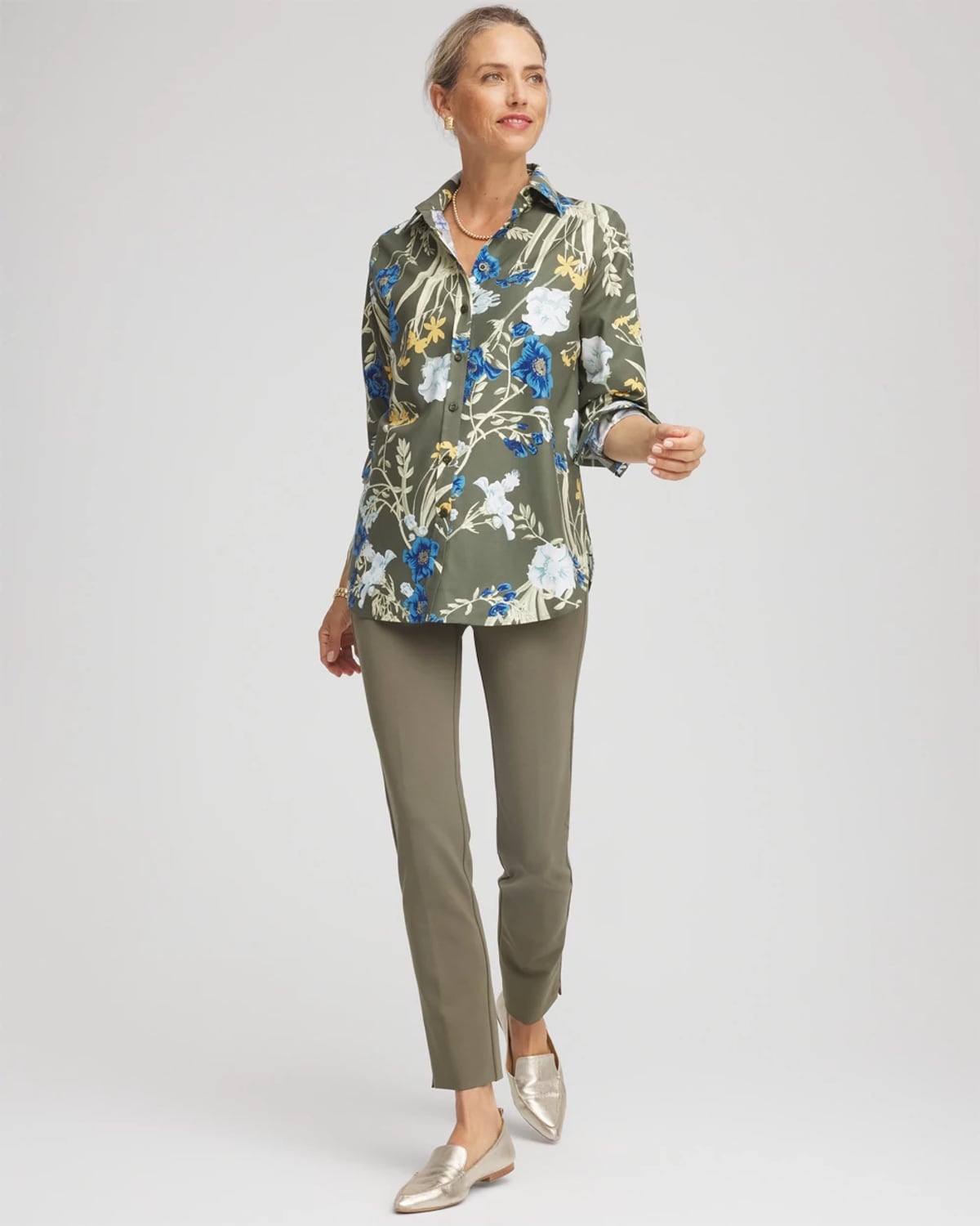 Chico's No Iron Printed Sateen Shirt In Nettle Leaf