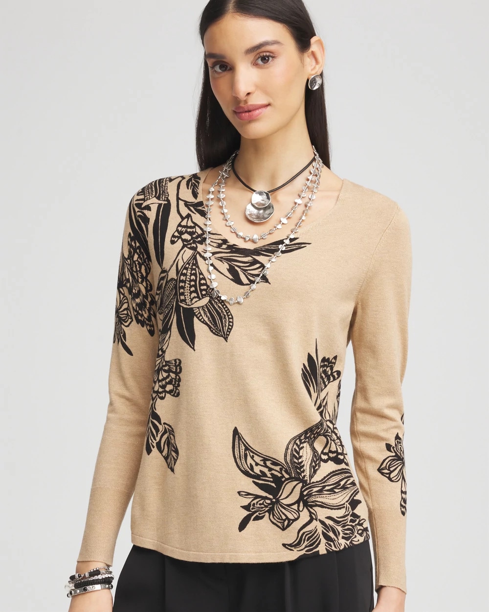 Floral Long Sleeve V-Neck Pullover Sweater
