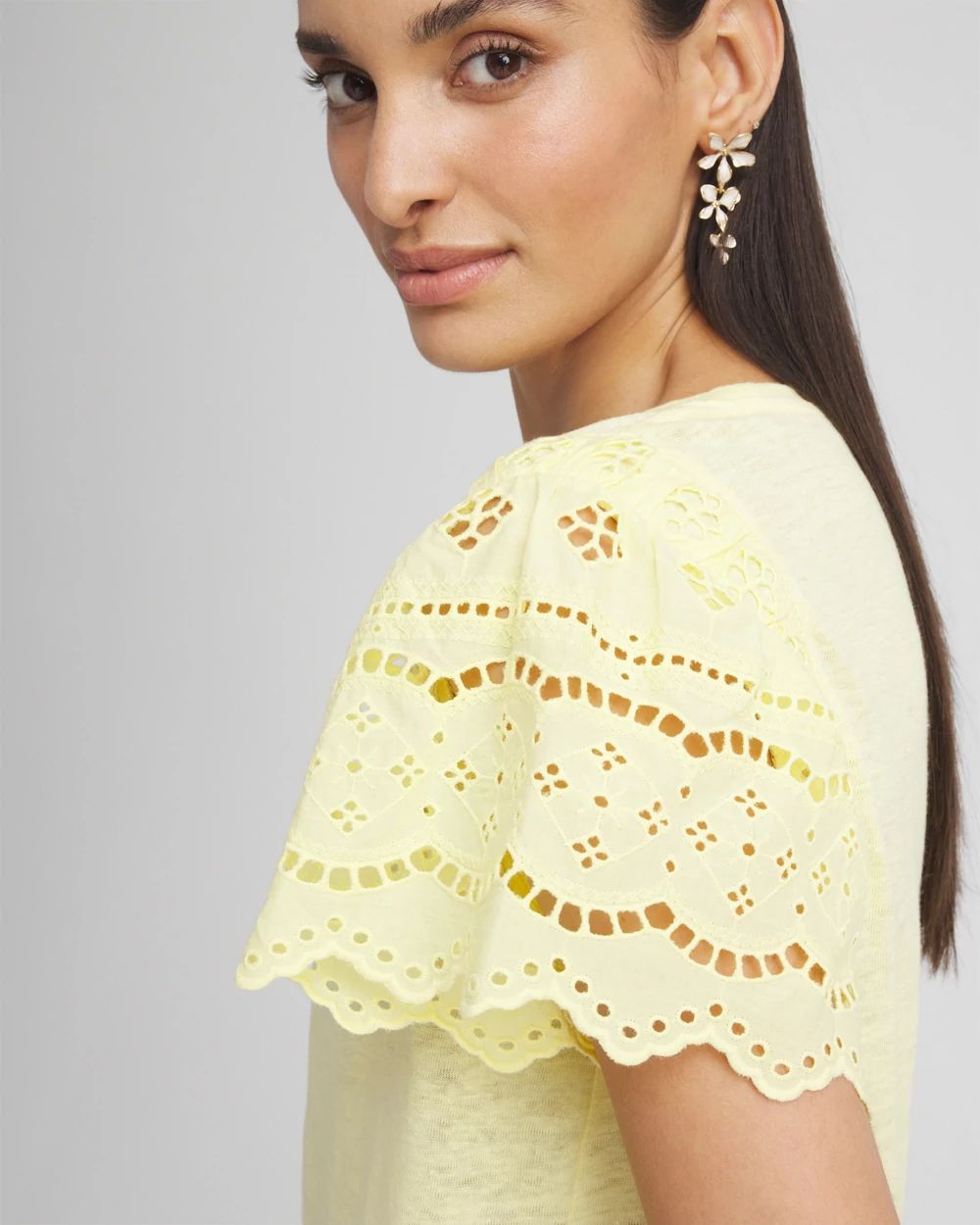 Linen Embroidered Flutter-Sleeved Tee