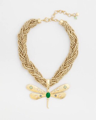 Gold-Tone Green Stone Dragonfly Pendant Necklace