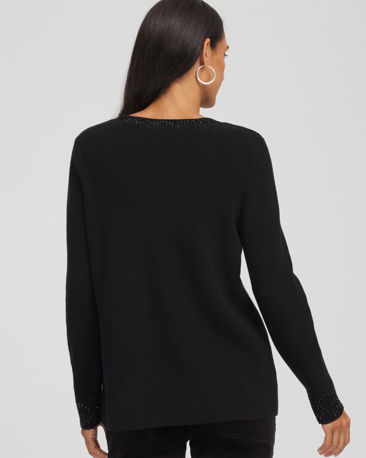 Chico's Embellished V-neck Pullover Sweater In Black In Black