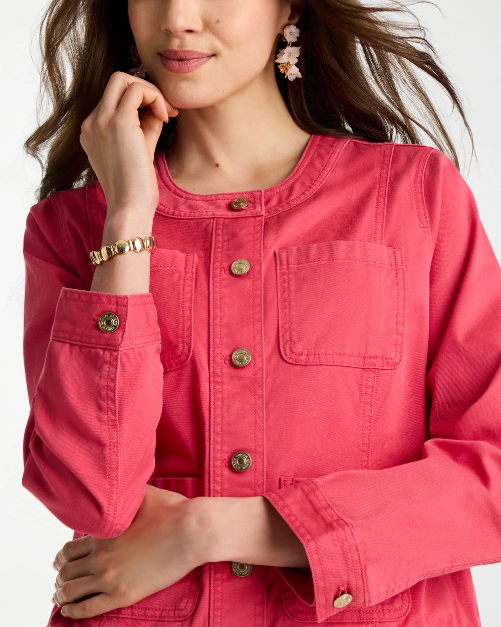 Collarless Twill Box Jacket