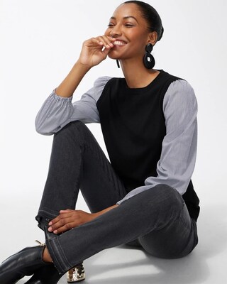 Black Knit Woven Pullover Sweater