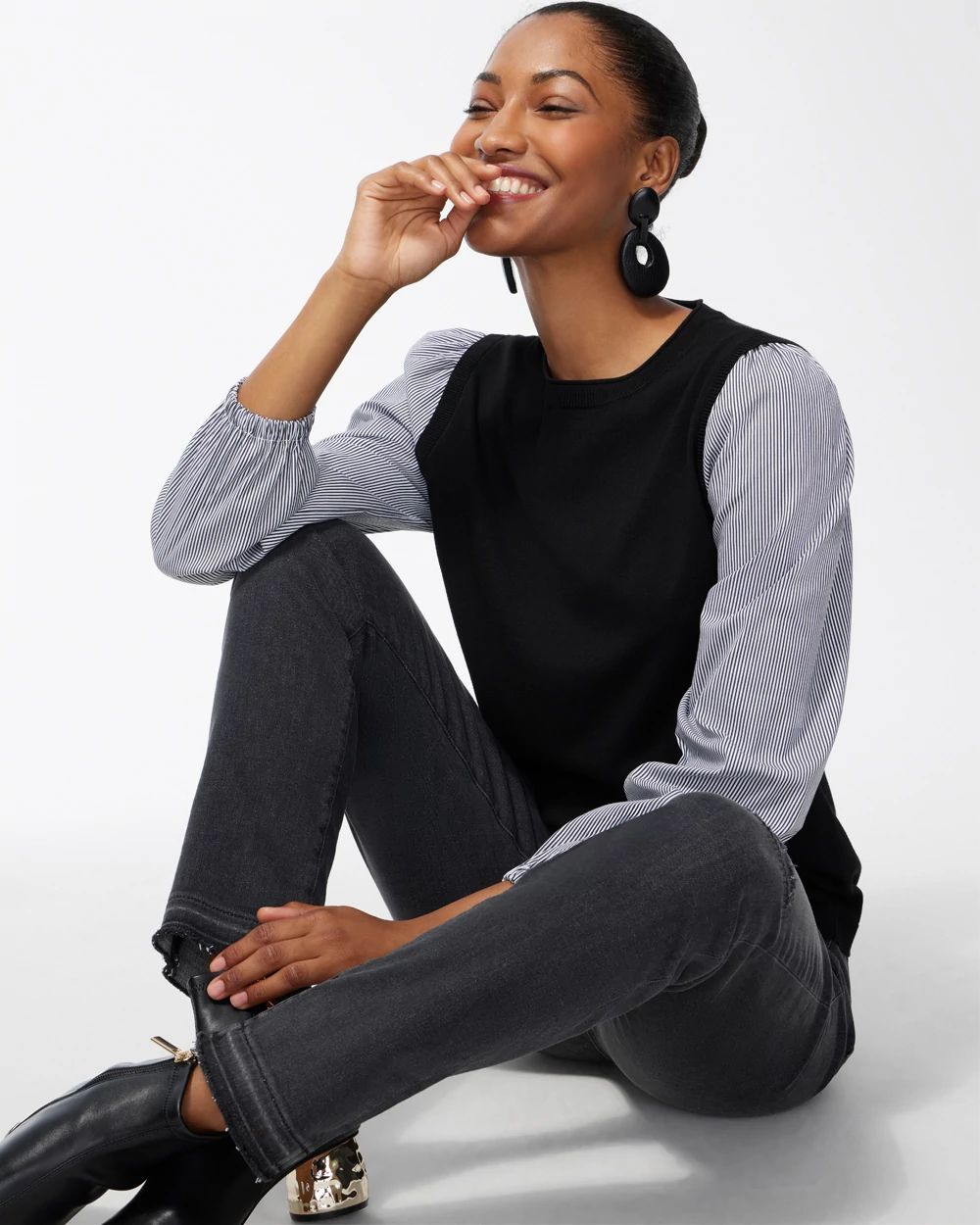 Black Knit Woven Pullover Sweater