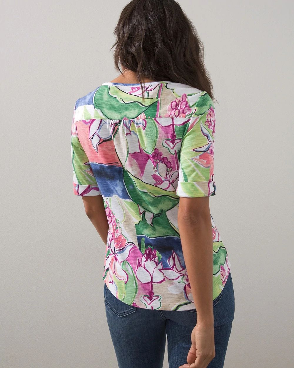 Floral Henley Elbow Sleeve Slub Tee