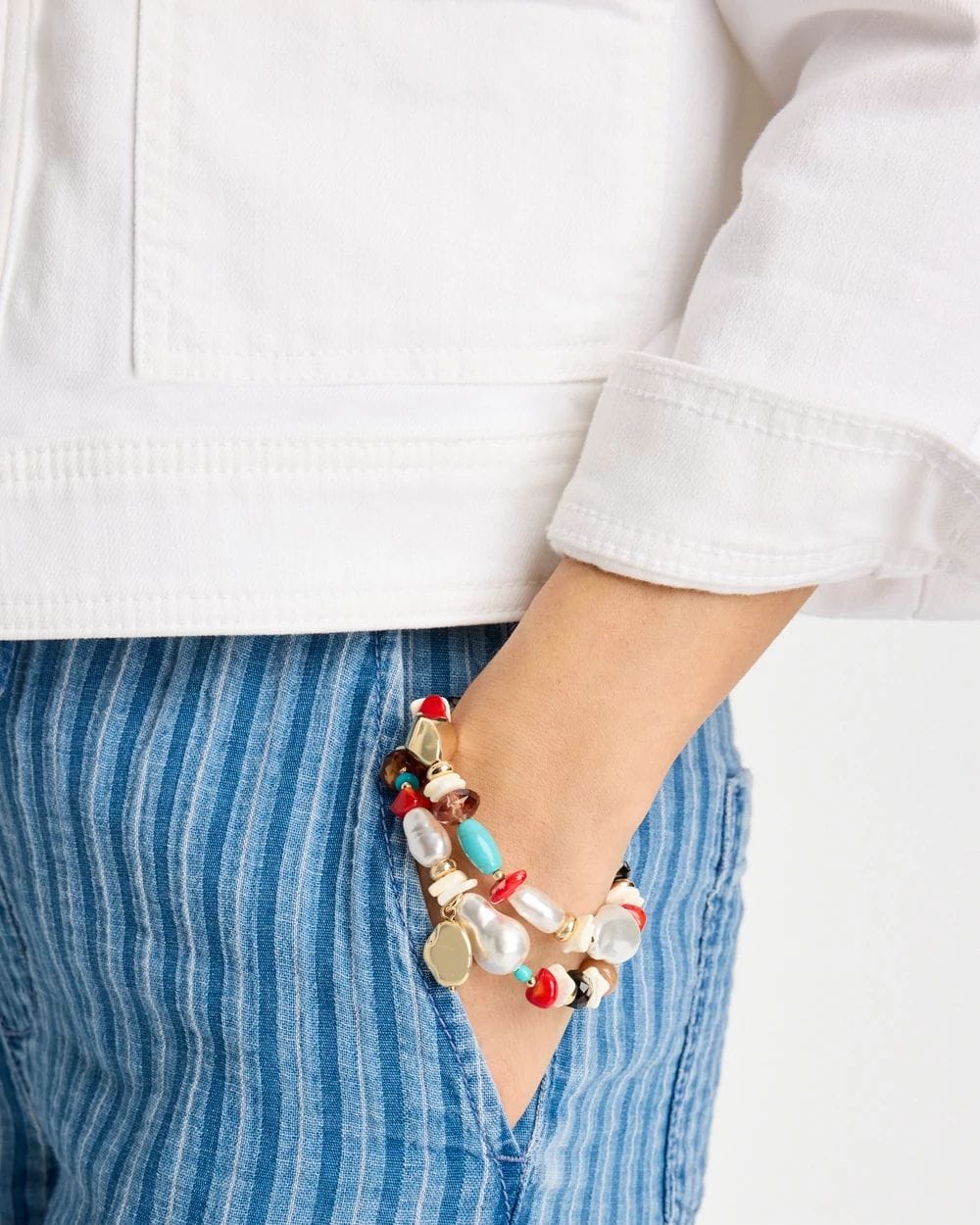 Set of Two Pearl Beaded Stretch Bracelets