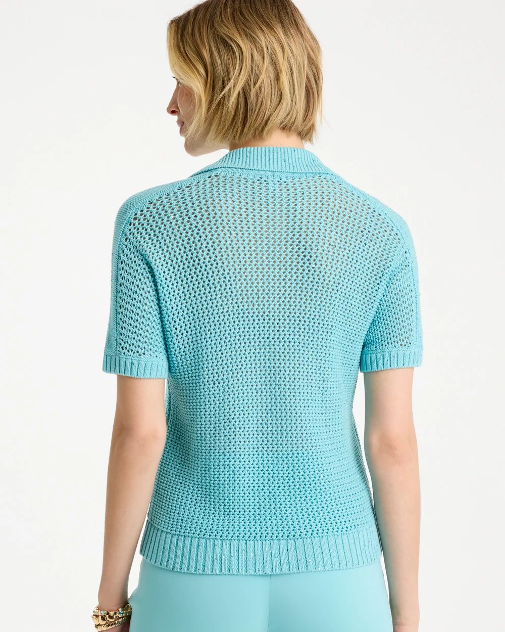 Sequin Pointelle Pullover Polo Sweater