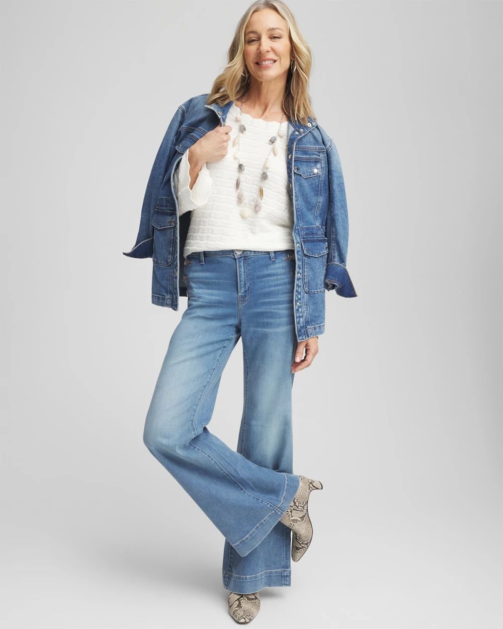 Pointelle Scalloped Hem Flare Sleeve Pullover