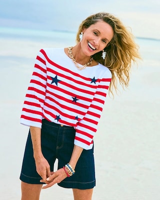 Cotton-Blend Americana Striped Intarsia Sweater