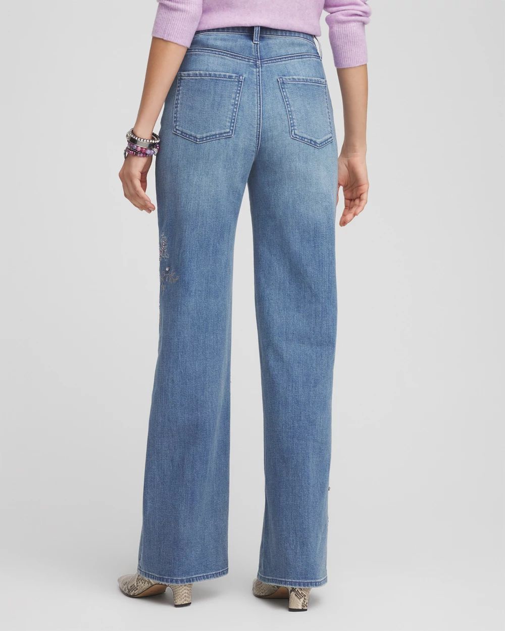 Embellished High Rise Wide Leg Jeans
