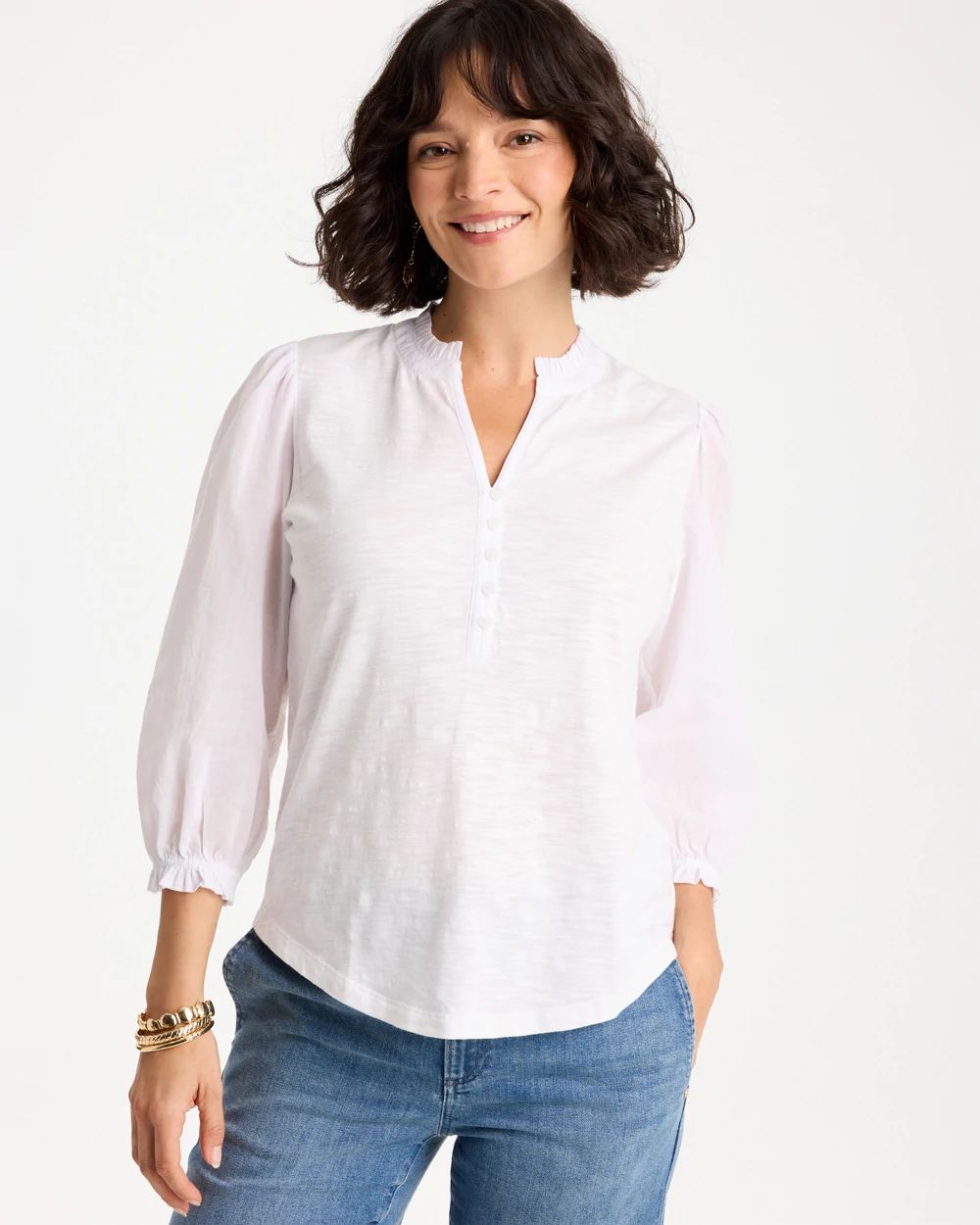 Ruffled V-Neck 3/4 Sleeve Top