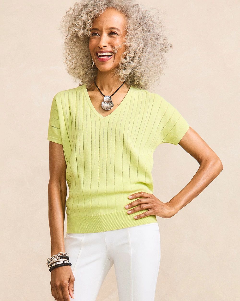 Caviar-Embellished V-Neck Pullover Sweater