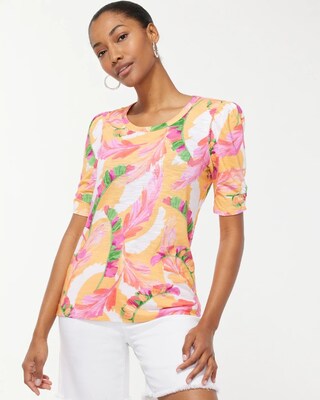 Gathered Sleeve Foliage Slub Tee