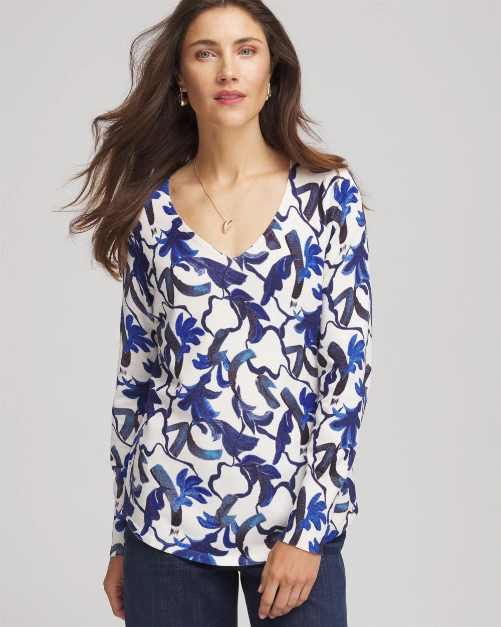 Ella V-Neck Blue-Petals Pullover Sweater
