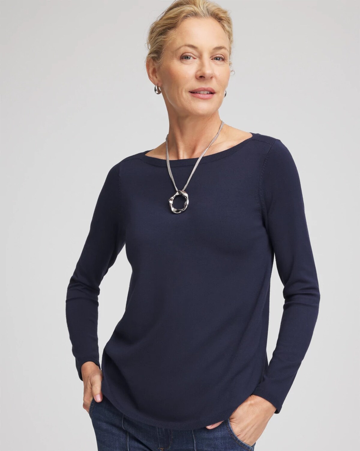 Chico's Ella Ribbed-bateau Pullover Sweater In Blue