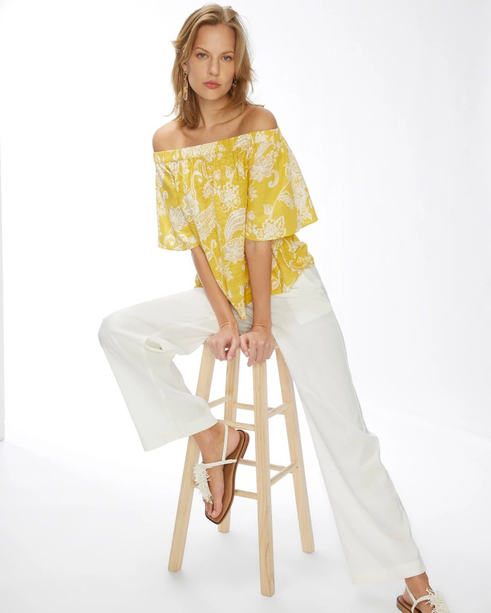 Linen Paisley Off-Shoulder Tee