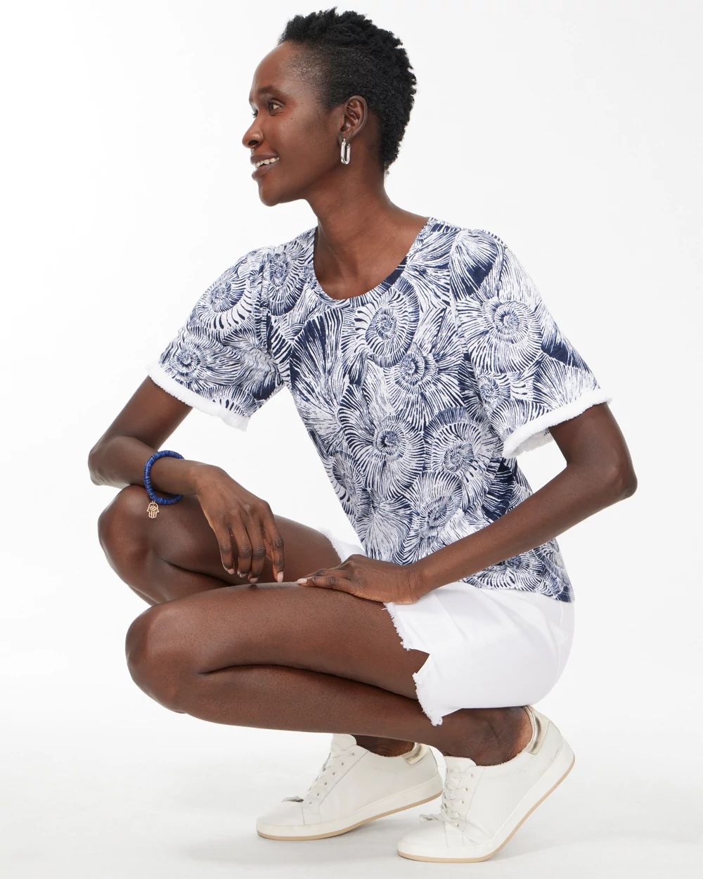 Linen Fringe Sleeve Shell Print Tee