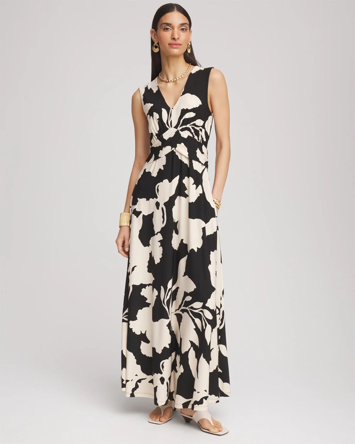 Chico's Floral Ruched Jersey Maxi Dress In Black In Black