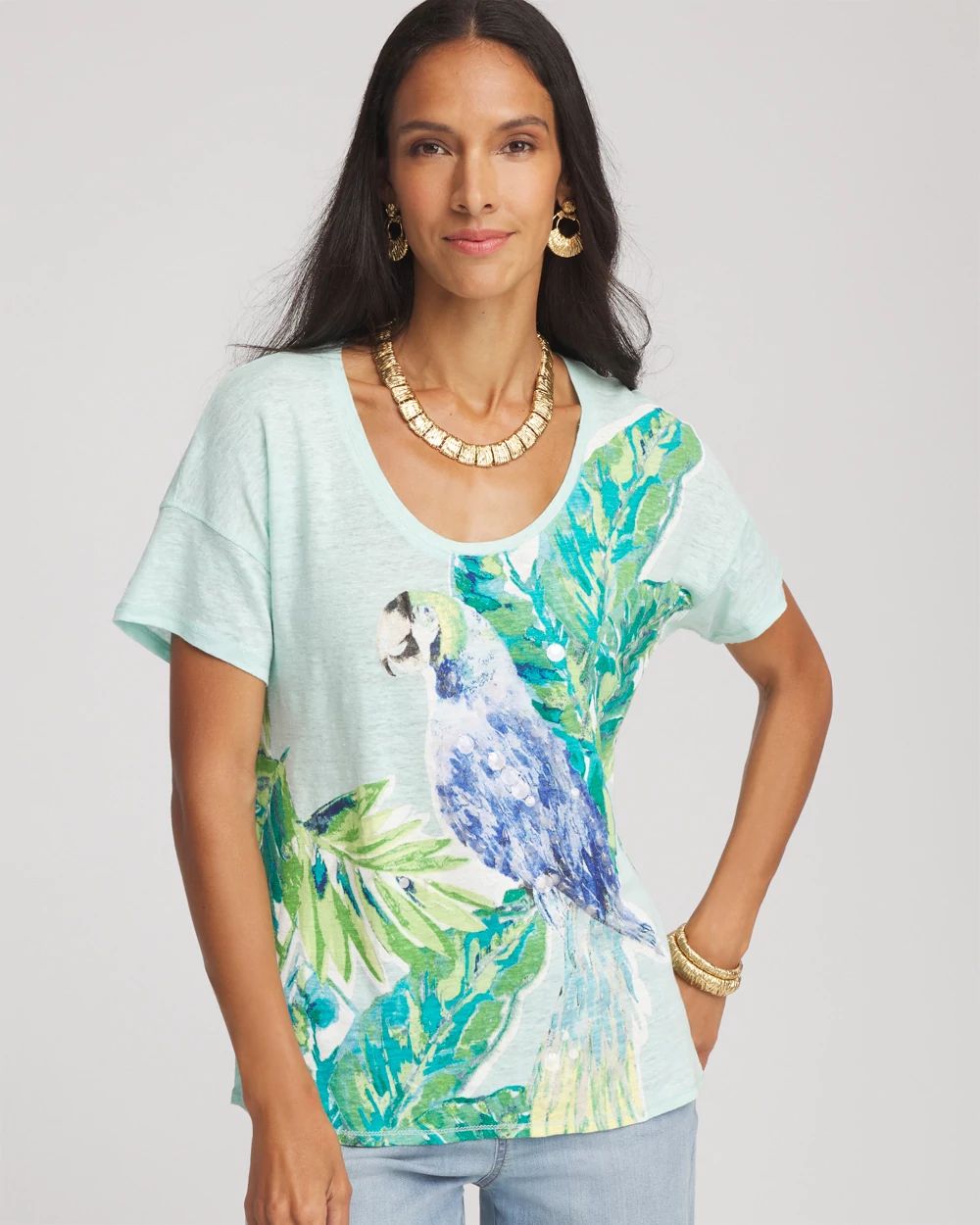 Linen Embellished Parrot Easy Tee