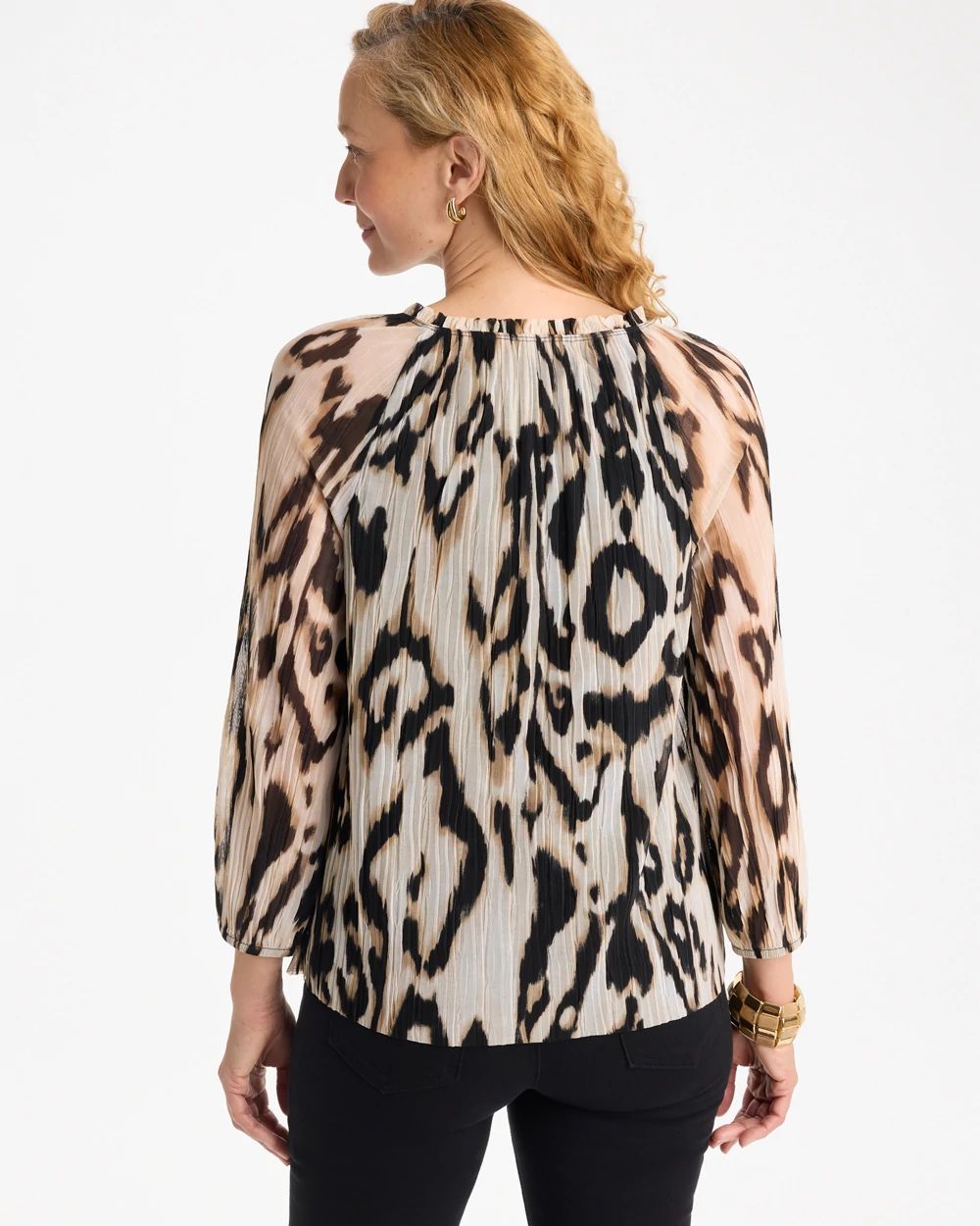 Ikat Animal Crinkle Mesh Ruffle Neck Top click to view larger image.