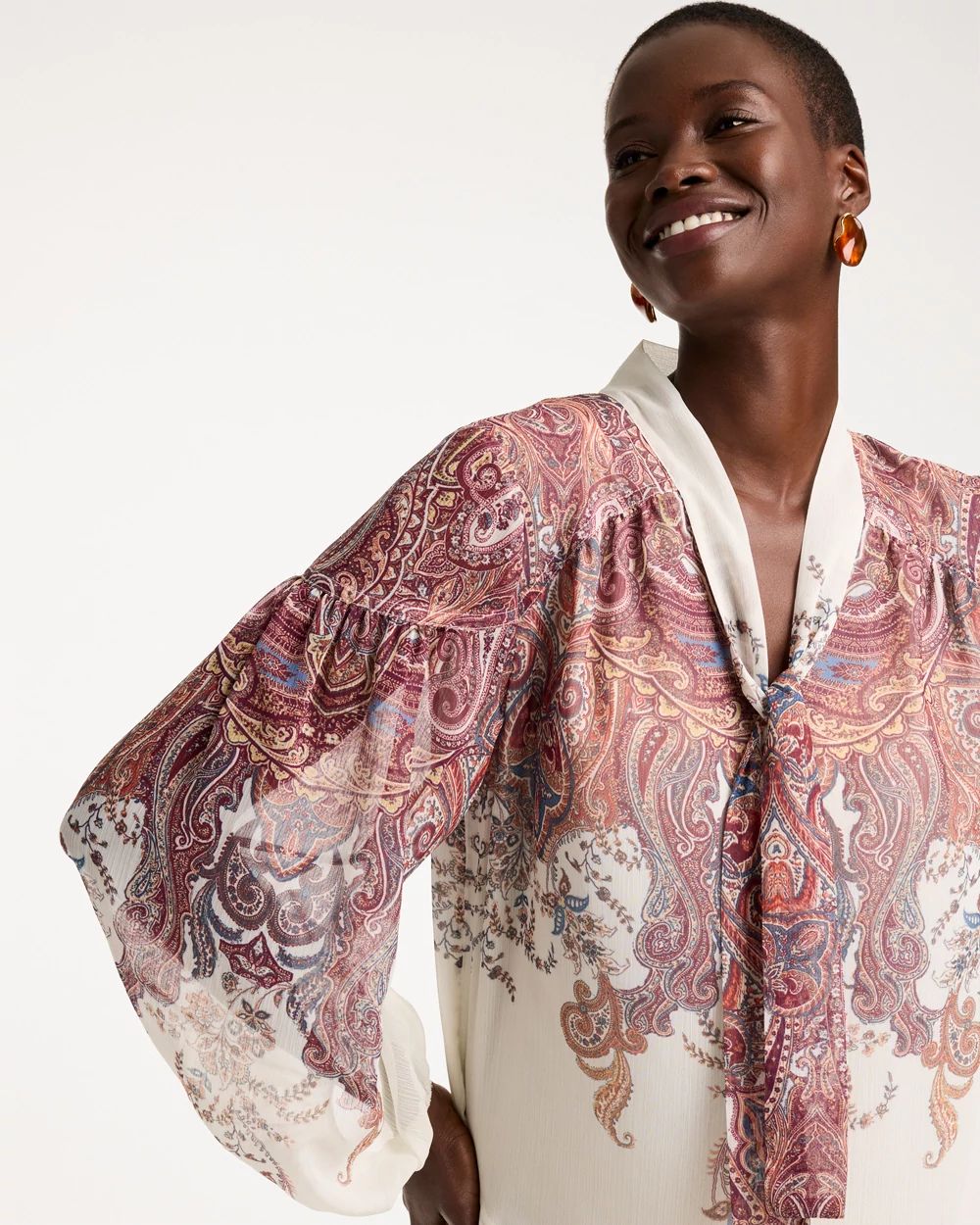 Paisley Chiffon Tie-Neck Pullover click to view larger image.