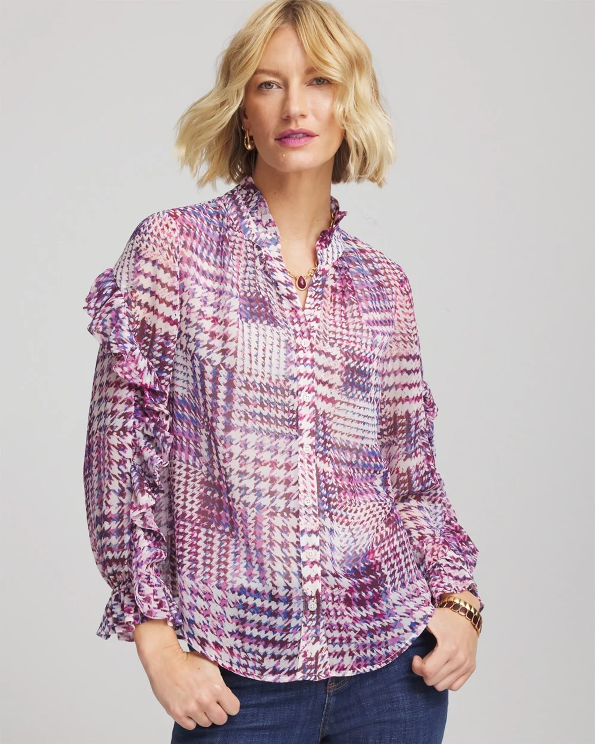 Chico's Gingham-print Georgette Blouse In Gooseberry In Purple