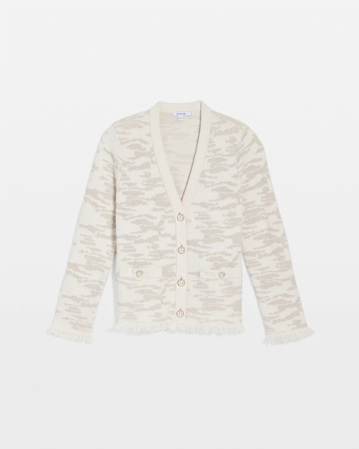 Chico's Fringe Textured V-neck Cardigan Sweater In Cream In White