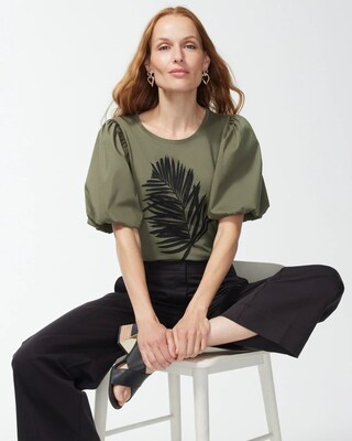 Green Embellished Puff Sleeve Tee