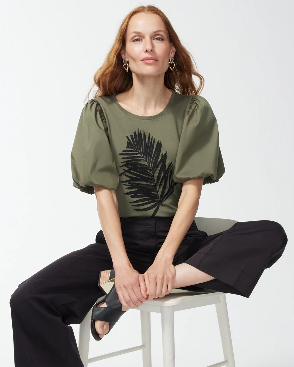 Green Embellished Puff Sleeve Tee