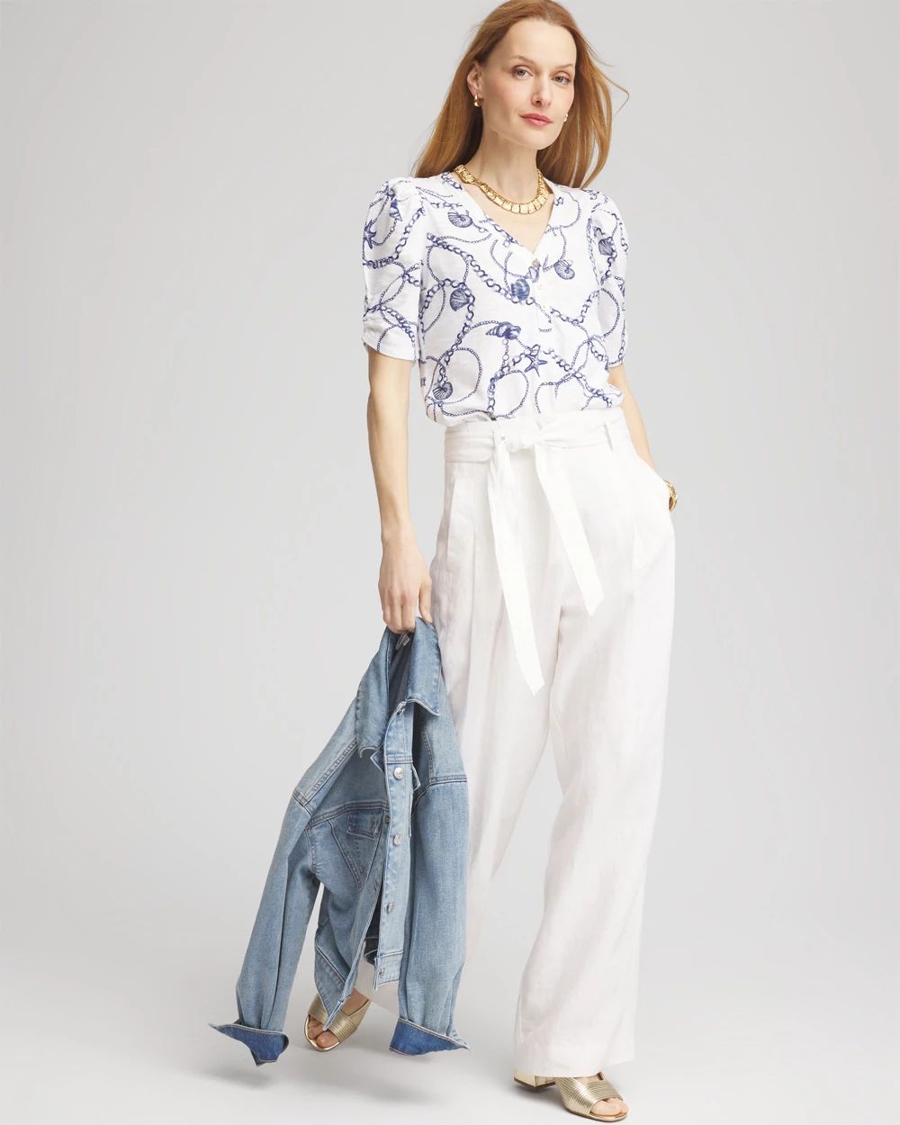 Seashell Slub Shirred-Sleeve Henley Tee click to view larger image.