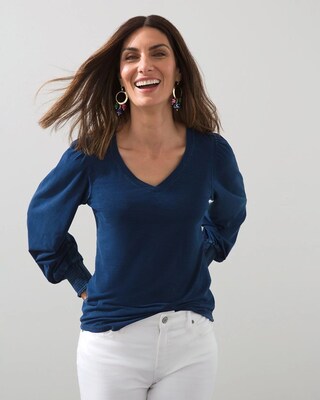 Faux Denim Smocked Sleeve Tee