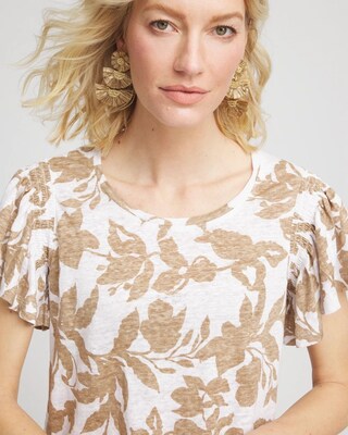 Linen Leaf Print Flutter Sleeve Tee click to view larger image.