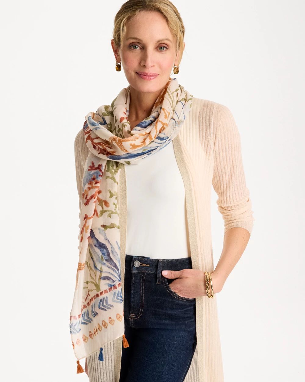 Sea Life Tassel Oblong Scarf