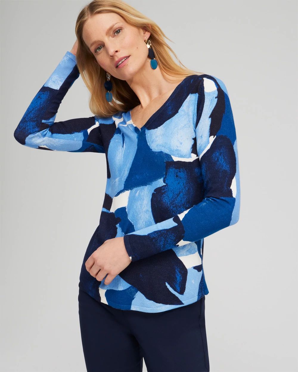 Spun Rayon Abstract V-neck Pullover