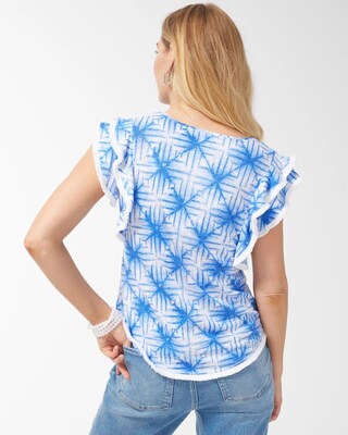 Linen Geometric Print Flutter Sleeve Top