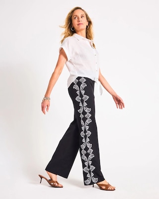 Embroidered Pull-On Wide-Leg Linen Pants