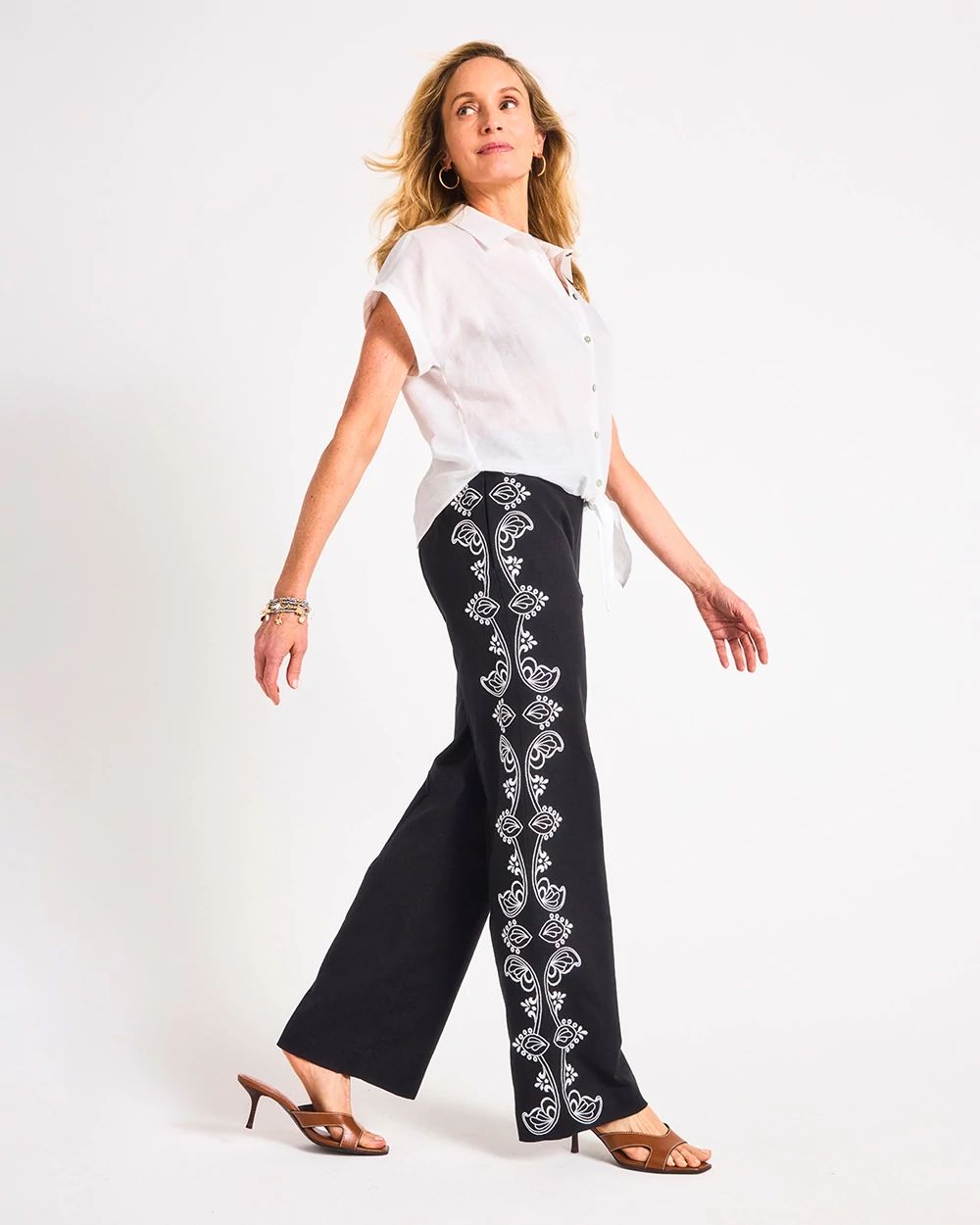 Embroidered Pull-On Wide-Leg Linen Pants
