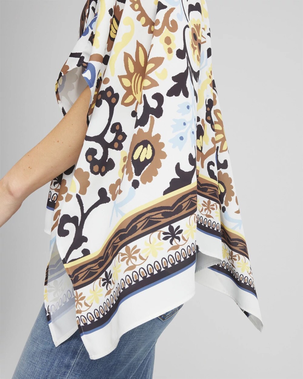 Printed Collarless Button-Front Poncho