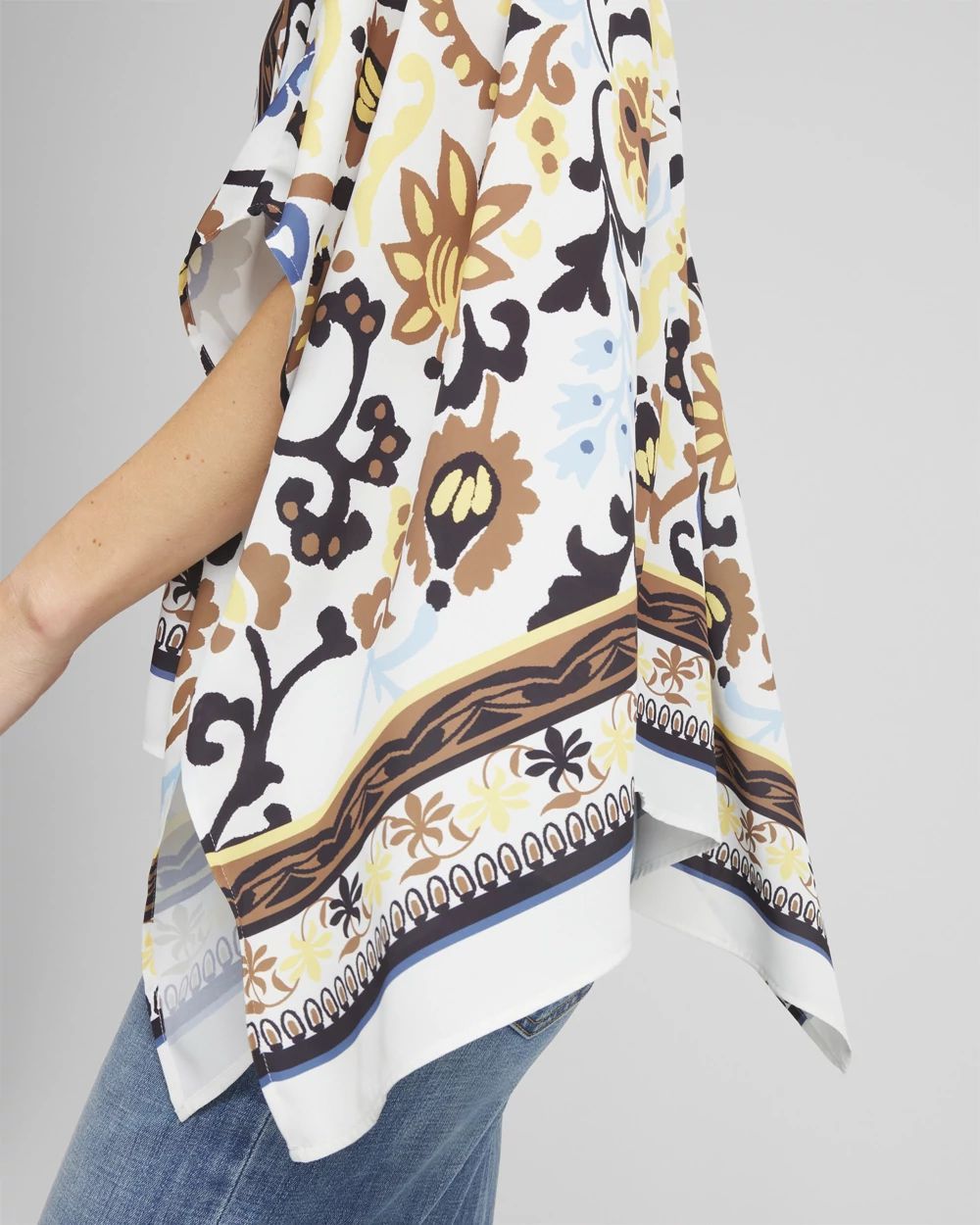 Printed Collarless Button-Front Poncho