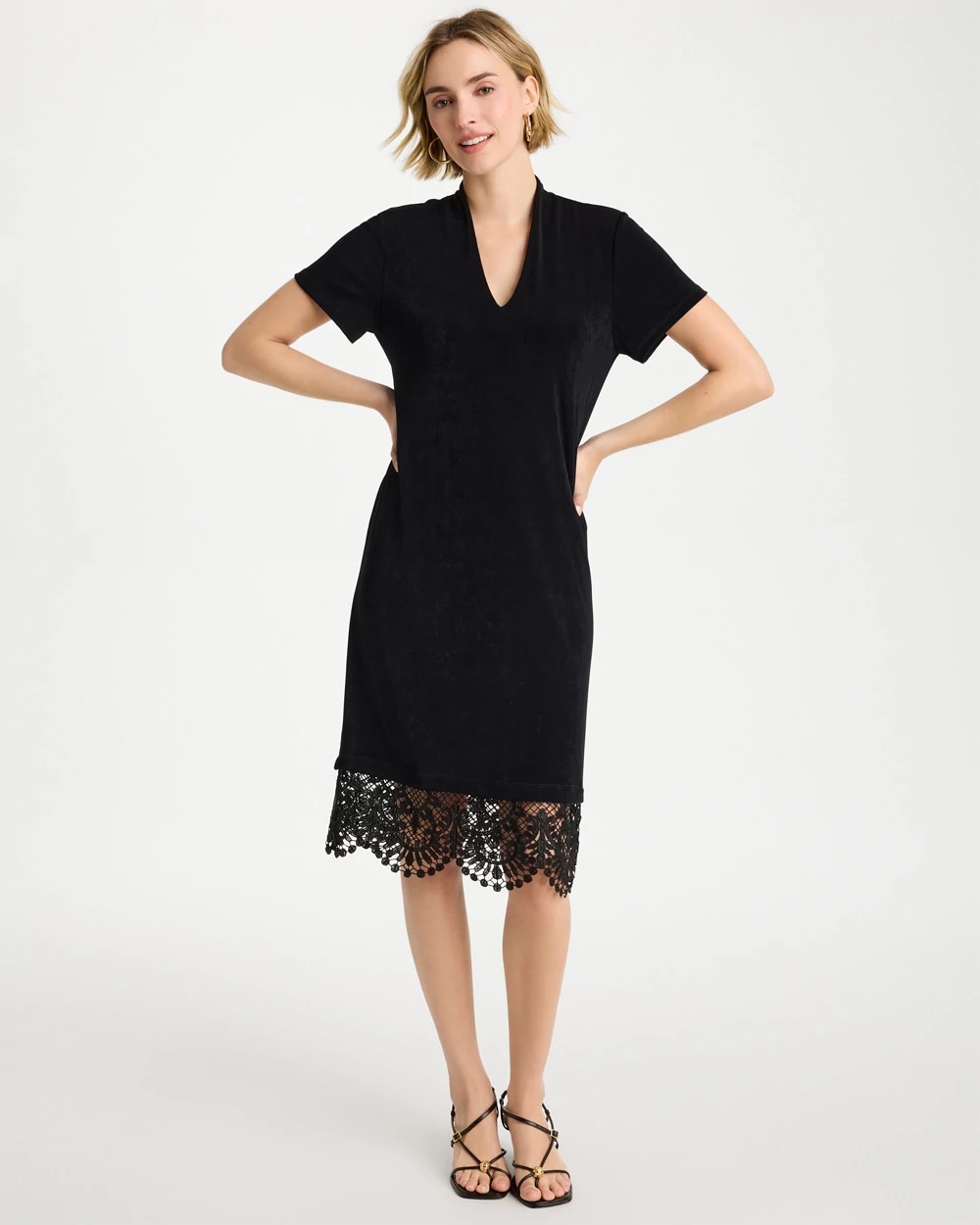 Women's Travelers Lace Hem V-Neck Dress in Black size 0/2 | Chico's Wrinkle-Free Travel Clothing Women's Travelers Lace Hem V-Neck Dress in Black size 0/2 | Chico's Wrinkle-Free Travel Clothing