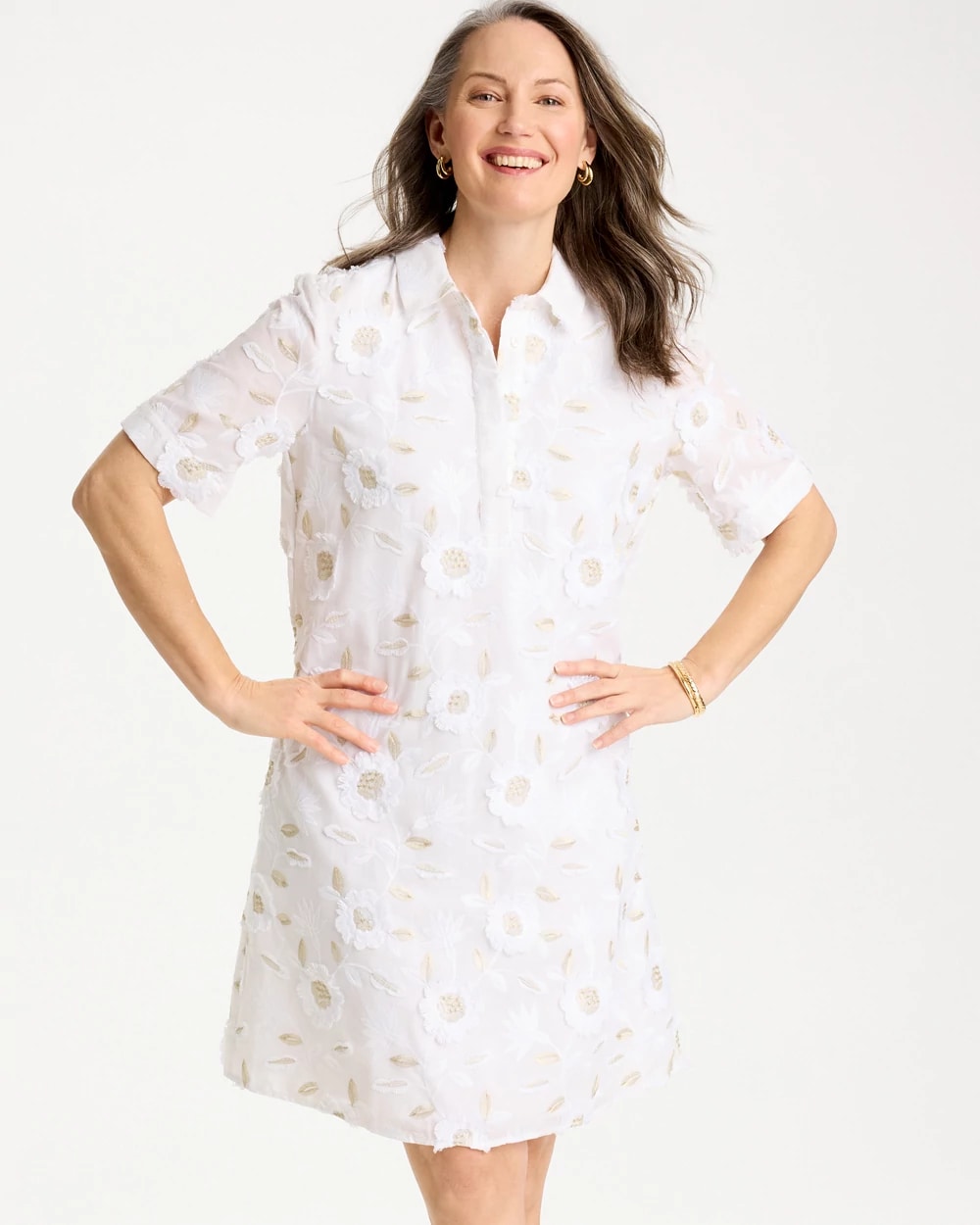Women's 3D Floral Embroidered Dress in White size 8/10 | Chico's Women's 3D Floral Embroidered Dress in White size 8/10 | Chico's