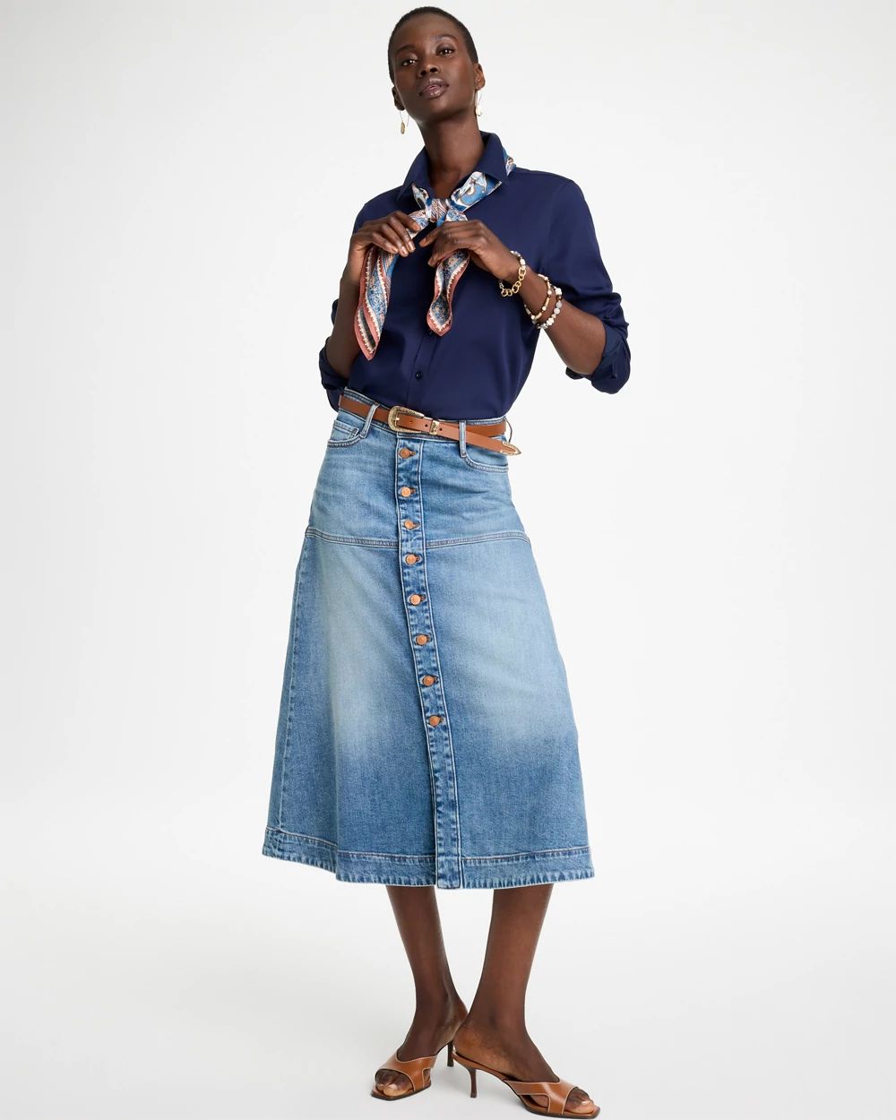 Drapey Denim Button Front Skirt click to view larger image.