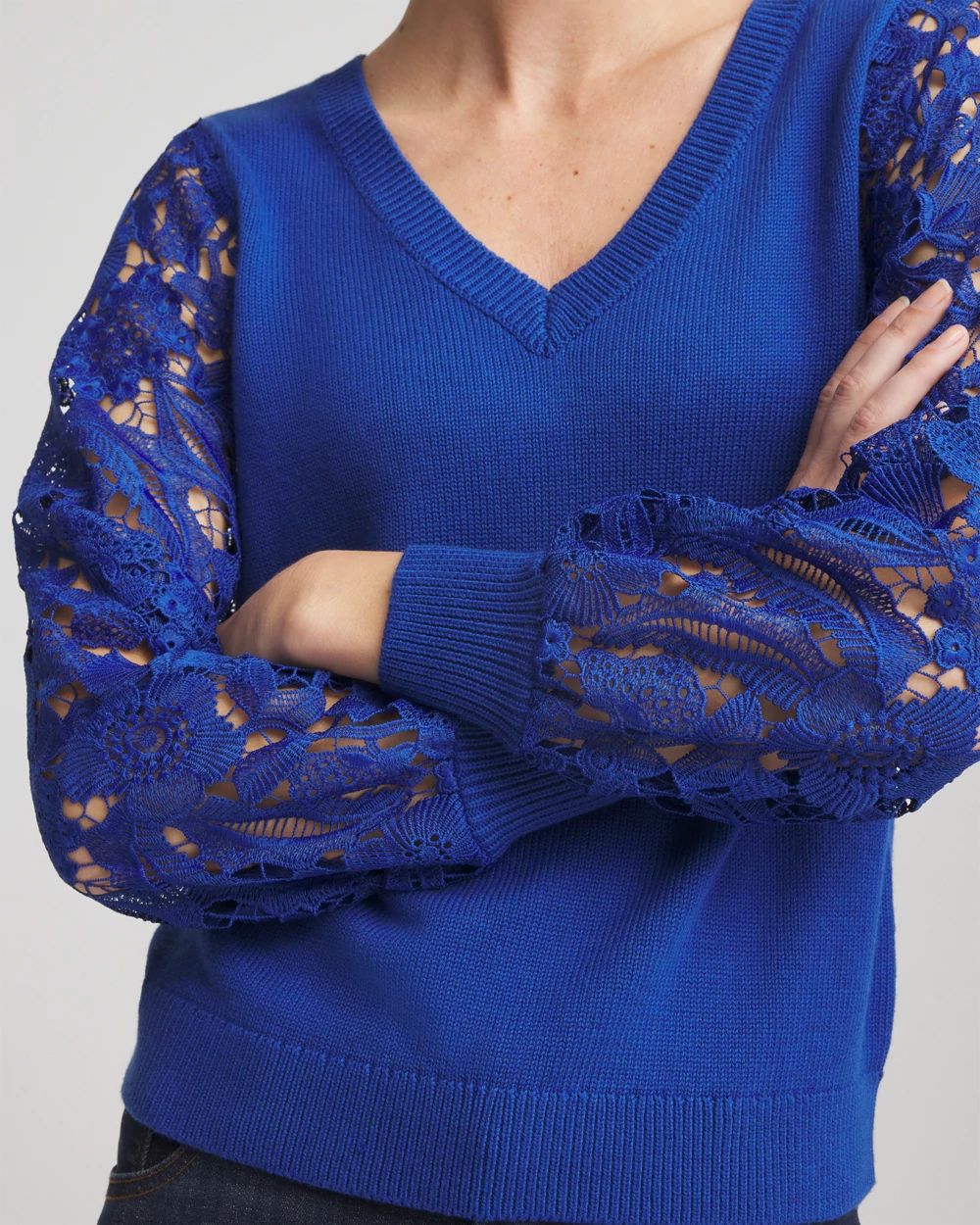 Woven Lace V-Neck Pullover Sweater click to view larger image.