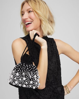 Faux Pearl & Velvet Crossbody Bucket Bag click to view larger image.