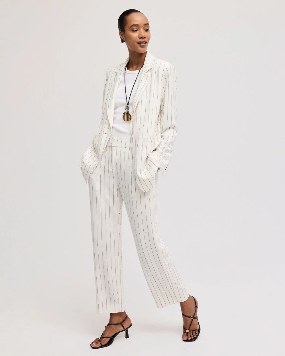 Striped Linen Wide-Leg Ankle Pants