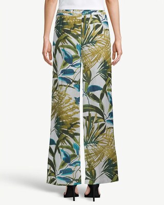 Wide-Leg Drawstring Leaf-Print Linen Pants