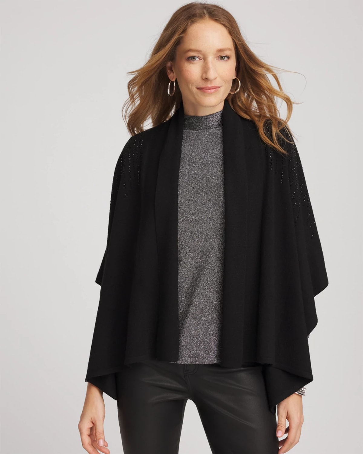 Chico's Embellished Shawl Collar Ruana In Black In Black