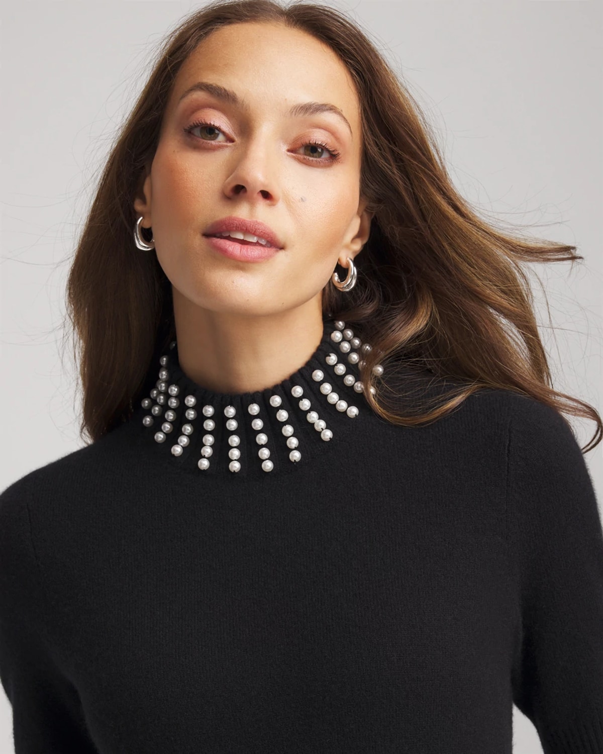 Chico's Cashmere Pearl Mockneck Sweater In Black In Black