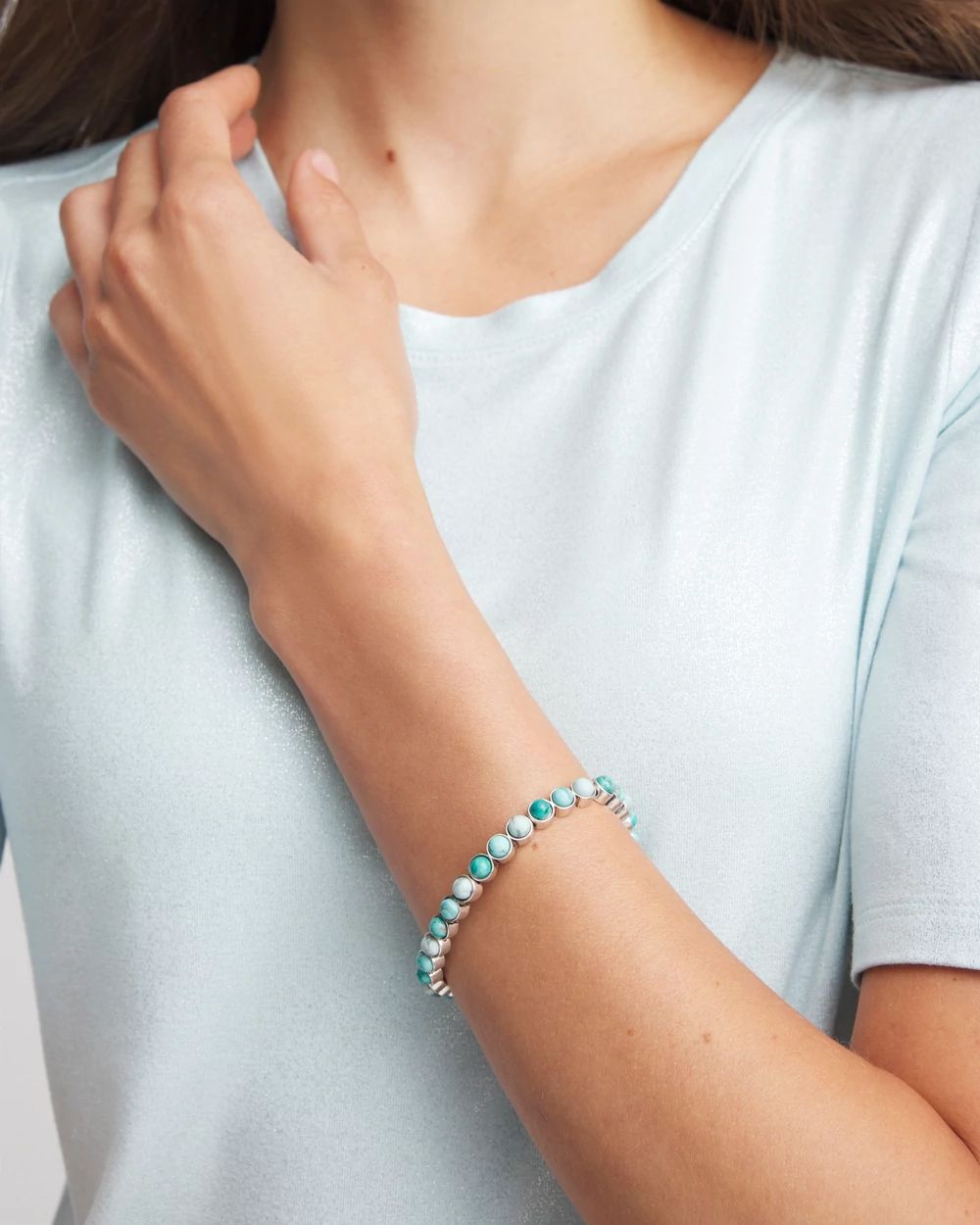 Turquoise Stone Silvertone Round Stretch Bracelet