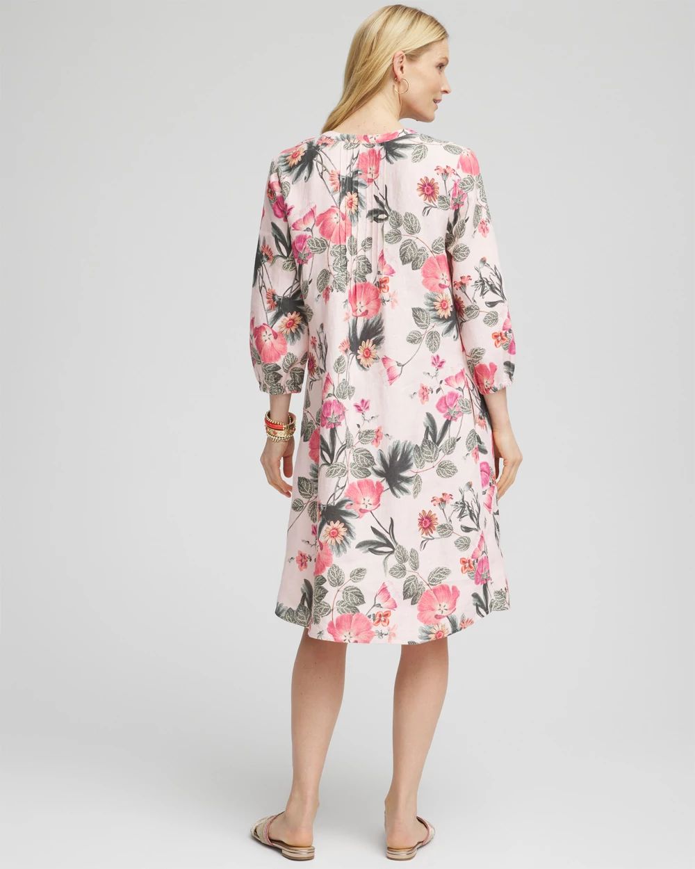 Floral Linen Pintuck 3/4 Sleeved Dress